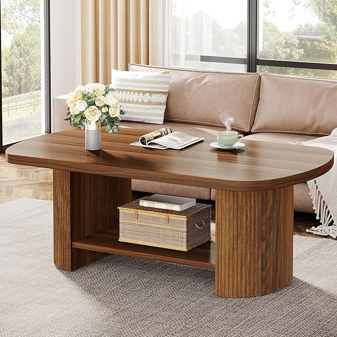 Tribesigns Oval Coffee Table, Mid-Century 2-Tier Coffee Table with Storage Shelf, Modern 45.27" Accent Center Table with Wooden Dual Base for Living Room Bedroom Apartment (Rustic Brown)