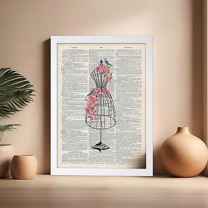 Poster Master Dictionary Art Poster - Mannequin Print - Sewing Art - Flower Art - Fashion Art - Gift for Men, Women & Dressmaker - Chic Decor for Living Room, Dorm or Office, 16x20 White Framed
