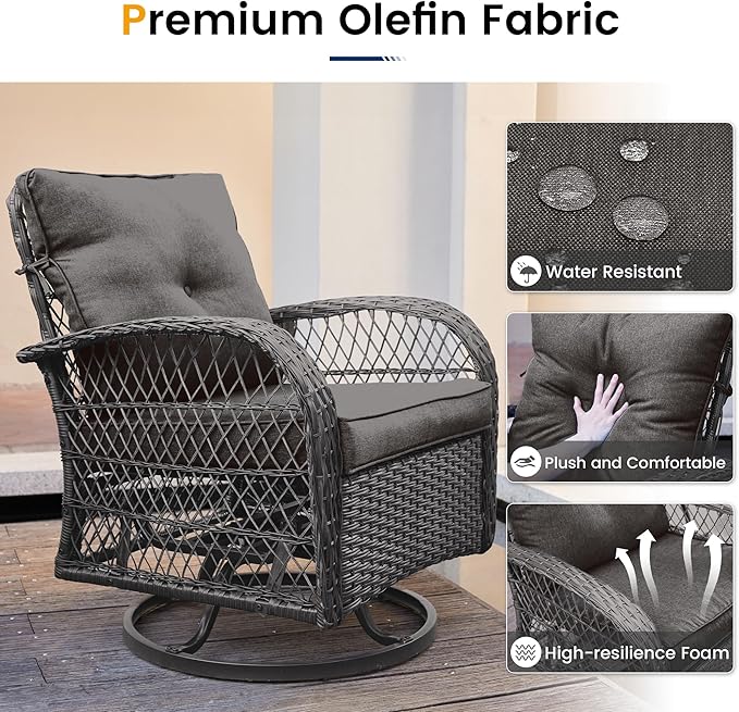 UDPATIO 3 Pieces Patio Furniture Set, Outdoor Swivel Rocker Patio Chairs Set of 2, All-Weather PE Wicker Glider Chairs with Thick Cushions and Glass Coffee Table,for Porch Deck Backyard Grey