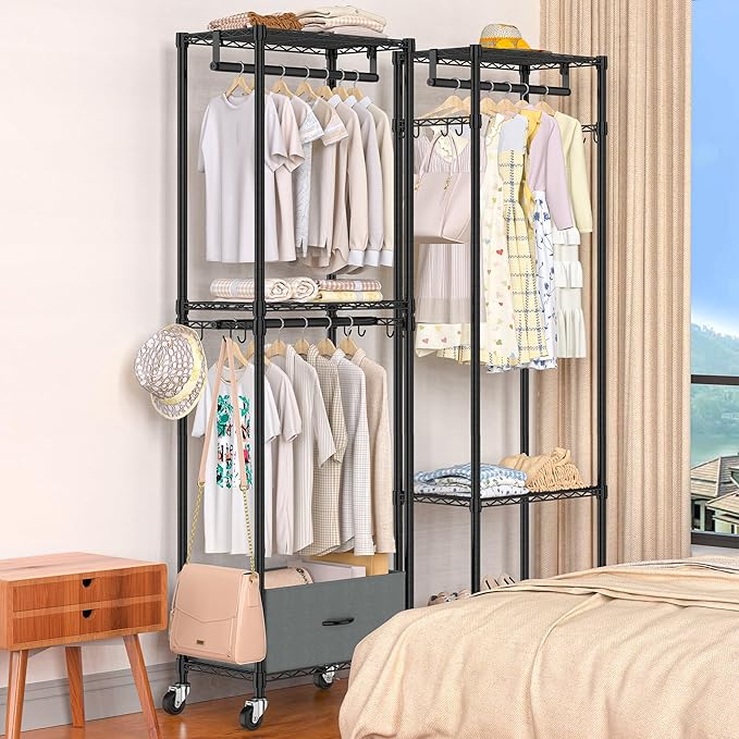 Freestanding Clothes Rack with Drawer, 3 Tier Rolling Garment Rack for Hanging Clothes, Metal Wire Shelving Wardrobe with Rods Portable Closet Organizer Clothing Shelf with Wheels, Black