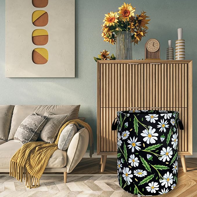 Cute Daisy Flowers Laundry Basket Foldable Oxford Cloth Floral Laundry Hamper With Handle Portable Clothes Storage Basket 18.9 X 16.5 Inch Storage Bag For Laundry Room/Bathroom/Bedroom