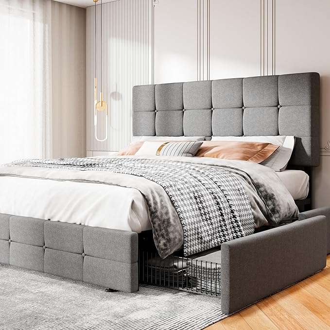 MUTICOR Queen Size Bed Frame with 4 Storage Drawers, Upholstered Platform Bed with Button Tufted Adjustable Headboard, No Box Spring Needed, Easy Assembly, Square Tufted, Light Grey Fabric