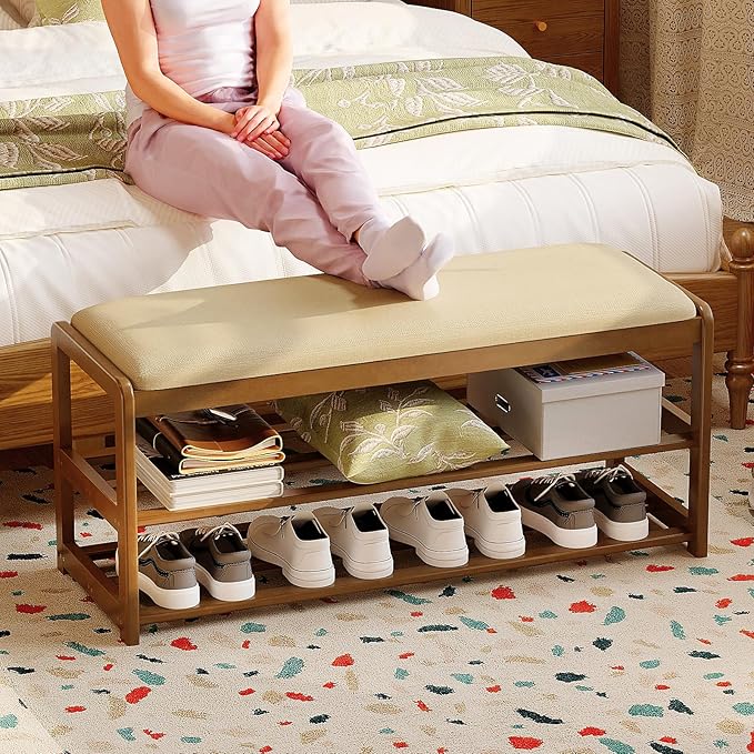 2-Tier Bamboo Shoe Bench with Cushion and Hidden Drawer, Entryway Shoe Rack Organizer with Storage for Hallway, Bedroom, Front Door, Mudroom Seating Bench, Walnut