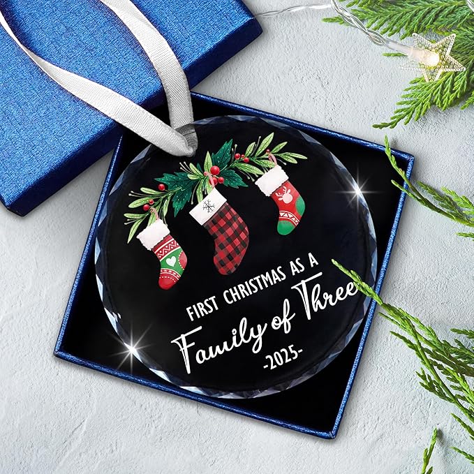 Baby’s First Christmas Ornament 2025 – Christmas Tree Decoration Glass Ornaments - Family of Three Ornament Gifts for New Parents, New Mom Dad Gift, Christmas Tree Decoration Keepsake