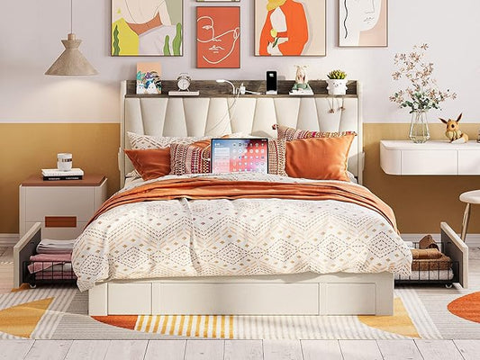 ANCTOR Full Size Bed Frame with 3 Drawers, Upholstered Platform Bed with Storage Headboard and Charging Station, No Box Spring Needed, Easy Assembly, Beige