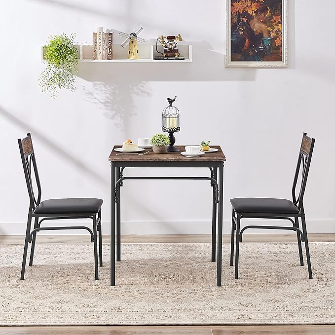 VECELO Kitchen Dining Room Table Set with 2 Chairs for Small Space, Apartment,Metal Steel Frame