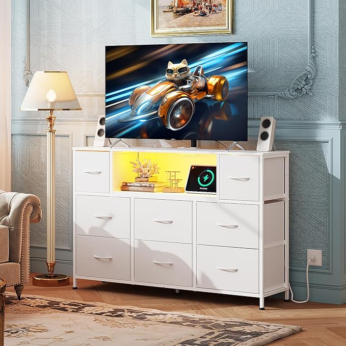 WLIVE White TV Stand for 45, 50, 55 inch TV, Entertainment Center with LED Lights & Charging Station, TV Media Console Table with 8 Fabric Drawers and Open Shelves for Living Room, Hallway, Wood Top