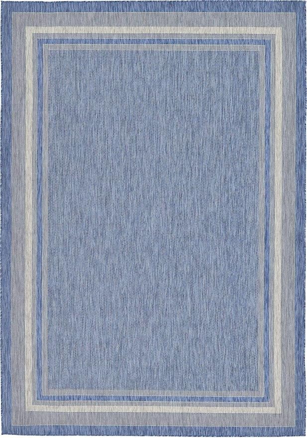 Unique Loom Outdoor Border Collection Area Rug - Soft Border (8' x 11' 4" Rectangle, Blue/ Ivory)