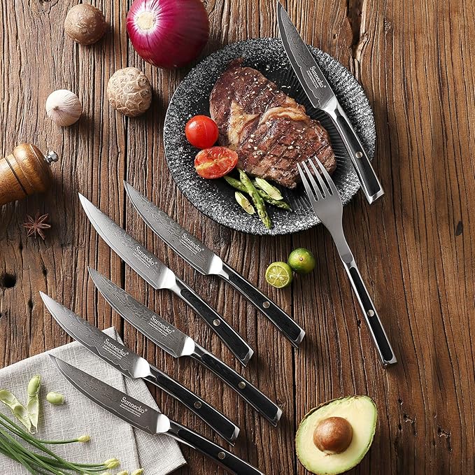 Sunnecko Kitchen Steak Knife 5 Inch Damascus Steak Knife VG-10 Japanese Steel, Non Serrated Steak Knives Full Tang