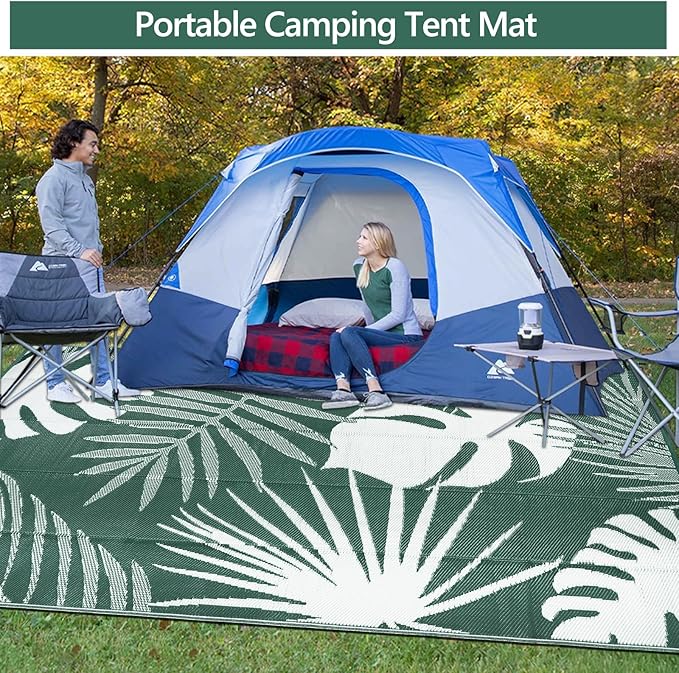 Waterproof Outdoor Rug 8x10 ft, Reversible Plastic Straw Mat with Leaf Pattern, Large Floor Mat for Patio, Camping, Picnic, Backyard RV, Deck, Dark Green