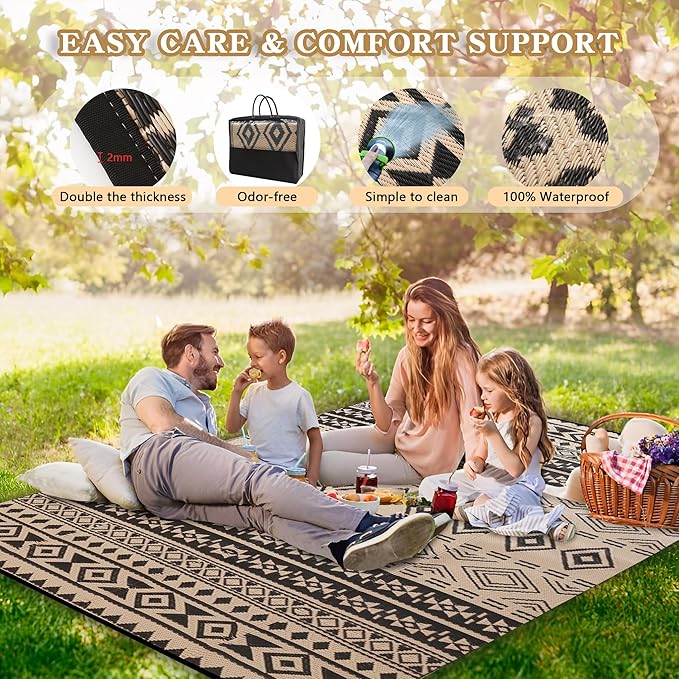 Wallona Outdoor Rugs 9x12 ft Patio Waterproof Clearance Indoor Outdoor Large Carpet for Patio Plastic Straw Reversible Area Rugs Mat for RV, Camping, Balcony, Beach, Picnic, Porch, Boho Black & Beige