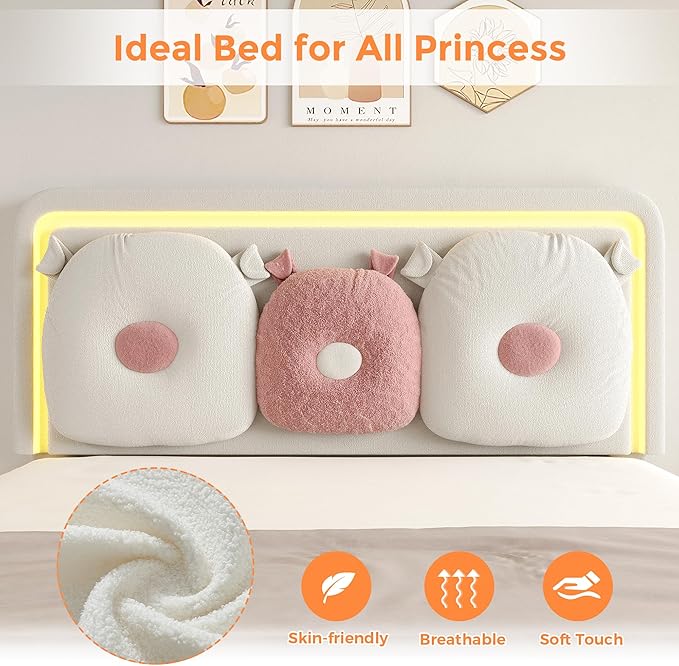 Queen Size Upholstered Bed Frame with LED Lights, Girls Bed with Adjustable Chic Double Headboard, Boucle Princess Platform Bed for Girls, Solid Wood Slats Support, No Box Spring Needed, Beige