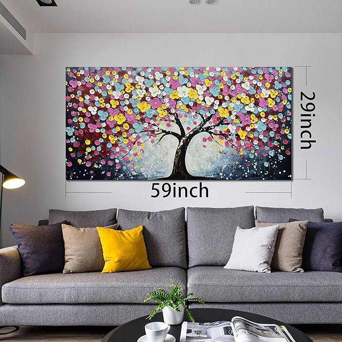 Zoyotago Large Canvas Wall Art for Living Room Bedroom Home Office Colorful Flower Tree of Life Wall Art Modern Hand-painted Oil Painted Size 29x59