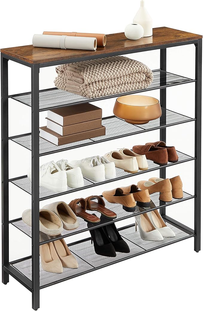 VASAGLE 6-Tier Shoe Rack, Shoe Organizer for Closet, Entryway, 24-30 Pairs of Shoes, Large Shoe Rack Organizer with 5 Metal Mesh Shelves, 11.8 x 39.4 x 43.3 Inches, Rustic Brown and Black ULBS016B01