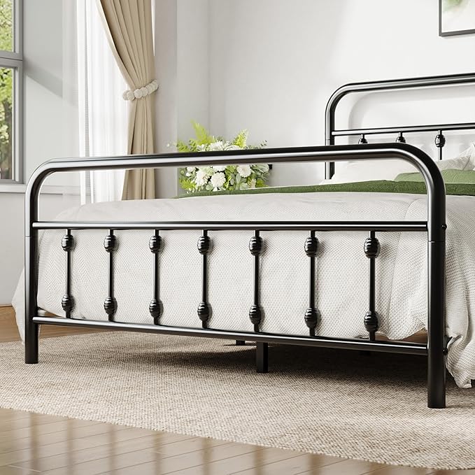 Allewie Queen Size Metal Platform Bed Frame with Victorian Style Iron-Art Headboard and Footboard, Easy Assembly, Under Bed Storage, No Box Spring Required, Black