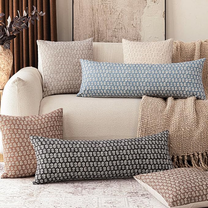 Foindtower Set of 2 Decorative Neutral Body Lumbar Throw Pillow Covers Vintage Accent Farmhouse Cushion Covers Floral Home Decor for Sofa Couch Chair Bedroom Living Room Outdoor,14×36 Inch,Dusty Blue