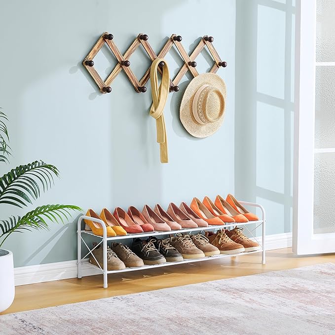 Hoctieon 2 Tier Shoe Rack for Closet, Durable Mesh Style Shoe Rack, Entryway Shoe Shelf, Shoe Storage Organizer for Hallway, Bedroom, Living Room, Wardrobe, White