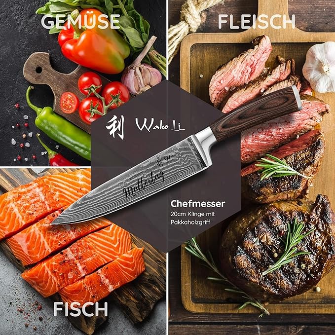 Wakoli 8-inch Damascus Chef Knife - 67-Layer VG10 Core Steel, Razor Sharp Professional Kitchen Knife with Ergonomic Pakkawood Handle, for Slicing, Dicing & All Cooking Tasks - Gift Box (EDIB)
