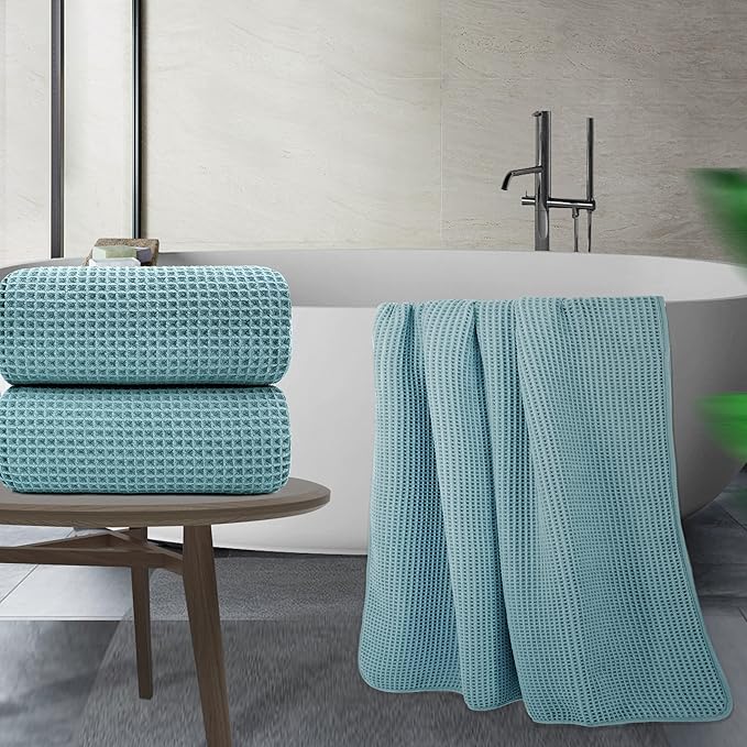 POLYTE Microfiber Quick Dry Lint Free Bath Sheet, 70 x 35 in, Set of 2 (Green, Waffle Weave)