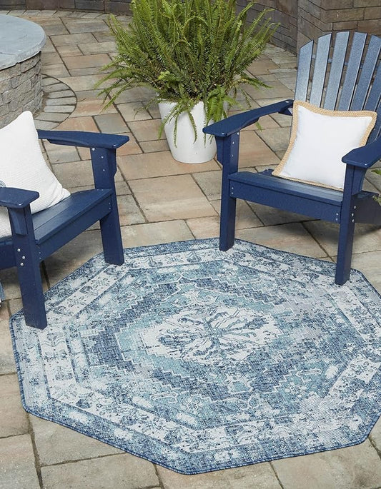Unique Loom Outdoor Traditional Collection Area Rug - Valeria (7' 10" Octagon, Blue/ Ivory)