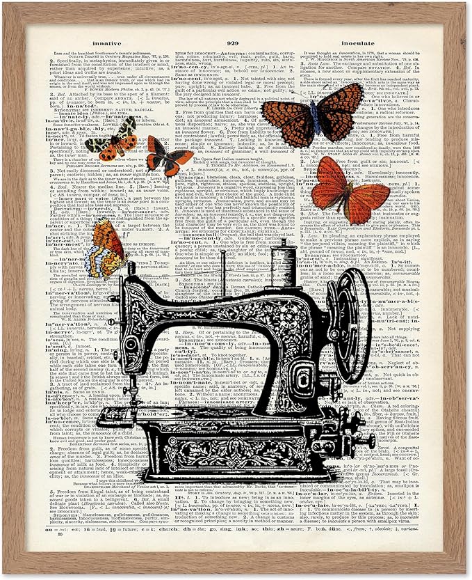 Poster Master Dictionary Art Poster - Sewing Machine Print - Sewing Art - Butterfly Art - Gift for Men, Women & Dressmaker - Chic Decor for Living Room, Bedroom or Office, 11x14 Beige Framed