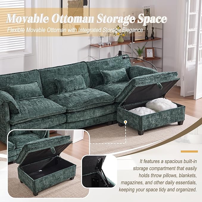 KEIKI 110" L-Shaped Boucle Modular Sectional Chenille Sofa with 1 Ottoman & Memory Foam Cushion & Phone Holder & USB, Upholstered Oversized 4-Seater Couch, Easy Assembly, for Living Room, Emerald
