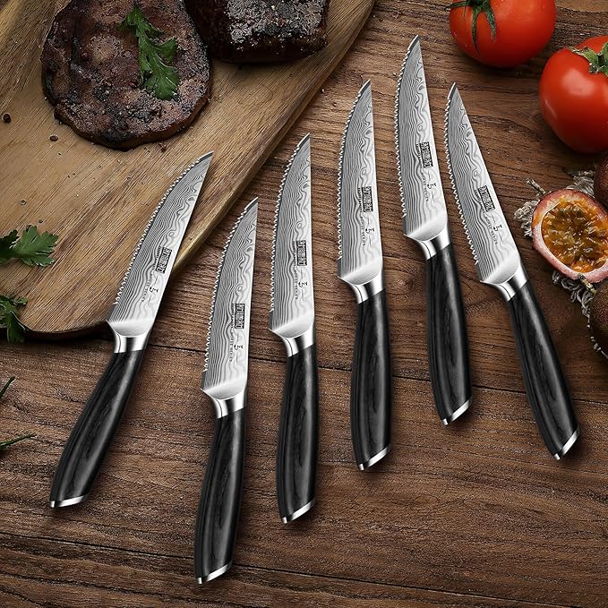 Steak Knives Set of 6, 4.5 Inch Japanese Serrated Steak Knife Set, Ultra Sharp High Carbon Powder Steel Steak Knife with Pakkawood Handle