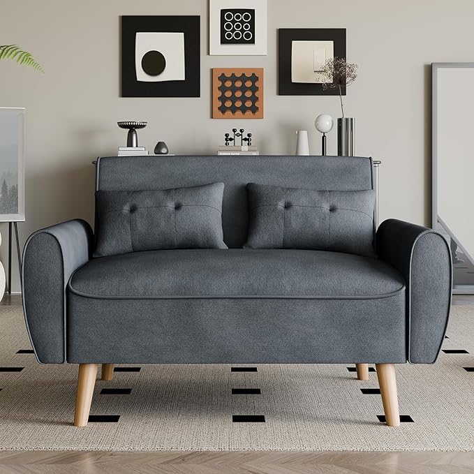 Vongrasig 47" Small Modern Loveseat Sofa, Mid Century Linen Fabric 2-Seat Sofa Couch Tufted Love Seat with Back Cushions and Tapered Legs for Living Room, Bedroom and Small Space (Dark Gray)