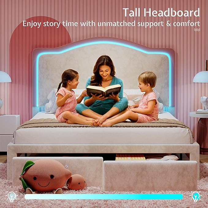 Jocisland Full Bed Frame with 51" Tall & Thick Adjustable Headboard, Storage Drawers, RGB LED Lights, No Box Spring Needed, Velvet Upholstered, Cream