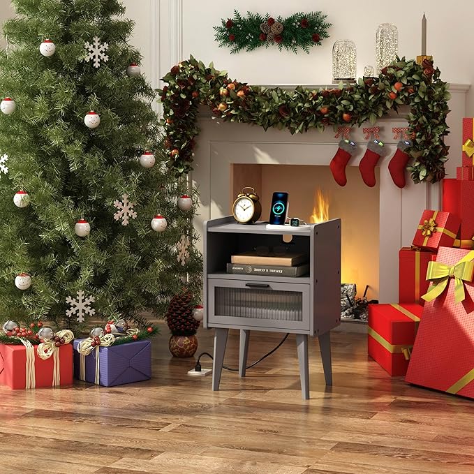 Nightstand with Charging Station, Bedside Tables Grey End Table Side Table with 2 Tiers Storage Space, for Bedroom Living Room CAMLBZ07ZE