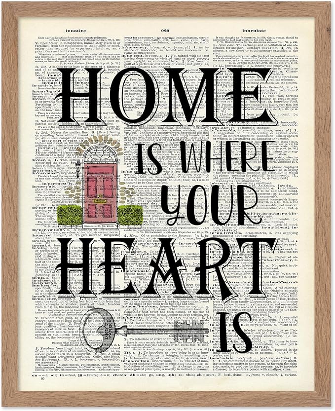 Poster Master Dictionary Art Poster - Home Is Where Your Heart Is Print - Motivational Art - Gift for Men & Women - Inspiring Wall Decor for Dorm, Bedroom or Living Room, 11x14 Beige Framed