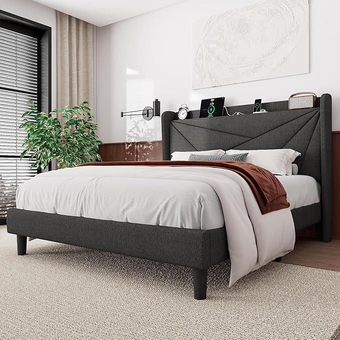 Feonase Full Bed Frame with Charging Station, Linen Upholstered Platform Bedframe with Wingback Headboard, Solid Wood Slats Support, Noise Free, No Box Spring Needed, Charcoal Grey
