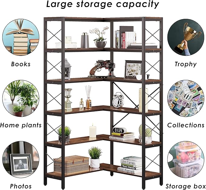 Corner Bookshelf 6-Tier, Tall Book Shelf L-Shaped, Large Etagere Bookcase Industrial Style with Metal Frame for Home Office Shelves