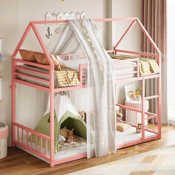 LIKIMIO Bunk Bed Twin Over Twin, House Bunk Bed Frame with Ladder and Guardrail, House Shaped with Metal Slats for Dormitory and Bedroom, Space Saving, No Box Spring Needed, Pink