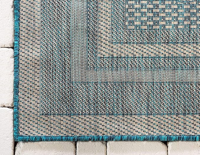 Unique Loom Outdoor Border Collection Area Rug - Soft Border (4' 1" x 6' 1" Rectangle, Teal/ Ivory)