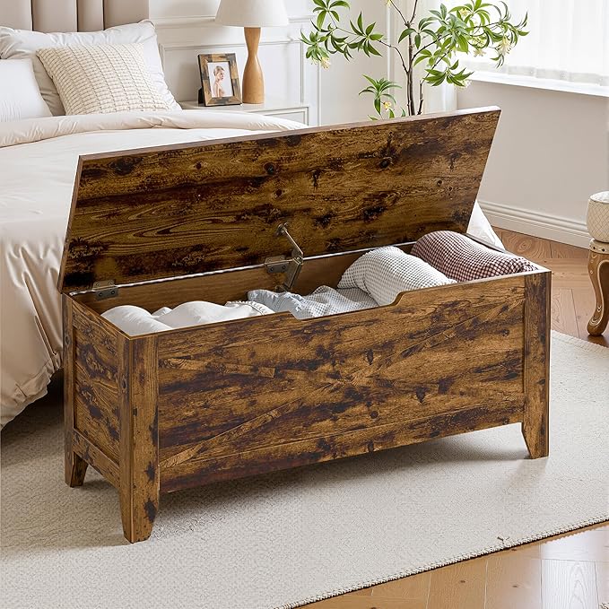 VECELO 43.3" Farmhouse Style Storage Bench, Entryway Shoe Ottoman, with Handwoven Cushion, with Metal Safety Hinges, for Bedroom, Living Room, Entryway, Brown