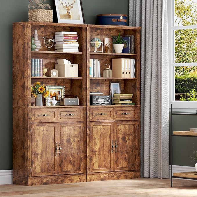 71.4" Tall Bookshelf with Drawers & Cabinet, 5-Tier Floor Standing Bookcase with Storage Doors, Adjustable Shelves & Metal Handles, 31.5" Wide Organizer for Home Office, Living Room