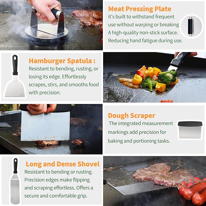 Griddle Accessories Kit for Blackstone Griddle- Stainless Steel Flat Top Grill Tools Set with Spatulas, Basting Cover & Carry Bag - Complete BBQ Cooking Kit for Outdoor, Backyard (Ideal Gift for Men)