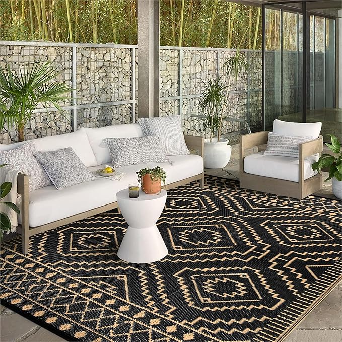 Wonnitar 8x10 Outdoor Rug, Large Waterproof Reversible Outdoor Patio Area Rug, Indoor/Outdoor Plastic Straw Portable Camping Rug for Outside RV Balcony Garden Deck (Black & Brown,8'x10')