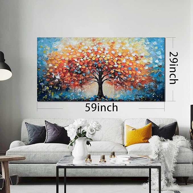 Zoyotago Large Canvas Wall Art for Living Room Bedroom Home Office Orange Yellow Tree of Life Wall Art Modern Hand-painted Oil Painting Size 29x59