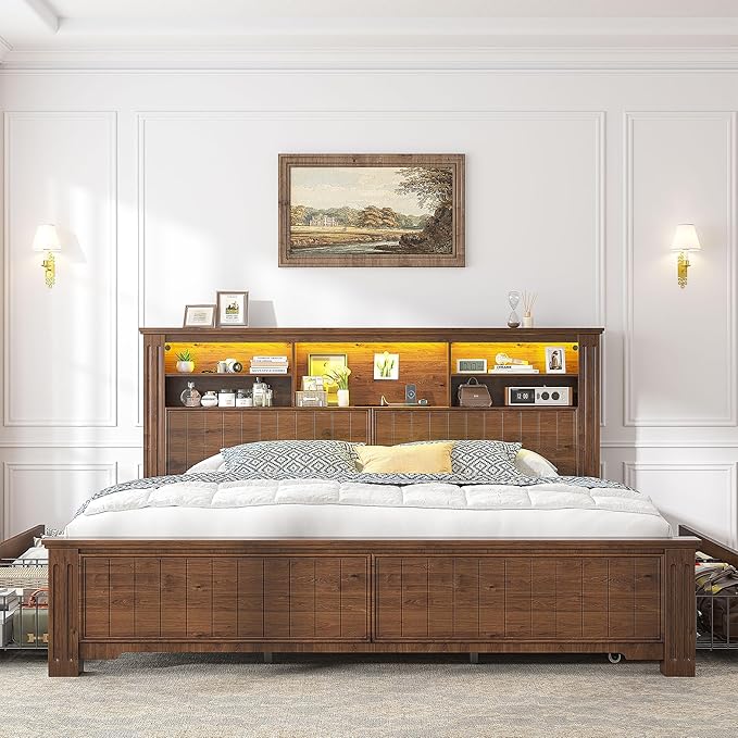 EnHomee King Size Bed Frame with 4 Storage Drawers, King Bed Frame and Headboard with LED Lights & Charging Ports,No Box Spring Needed,NO Noise,Wooden,Brown