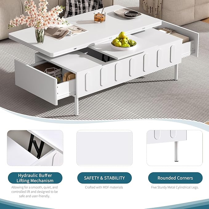 WILLIAMSPACE 43.3" Rectangular Lift-Top Coffee Table with 2 Drawers, Modern Center Table with Foldable Top, Multi-Functional Adjustable Dining Table with Storage Compartment for Living Room, White