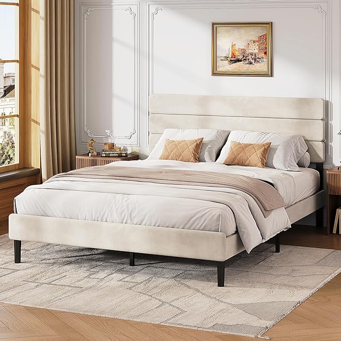 WLIVE Queen Size Upholstered Bed Frame, Velvet Square Tufted Headboard, Sturdy Metal & Wooden Slats Support, No Box Spring Needed, Beige