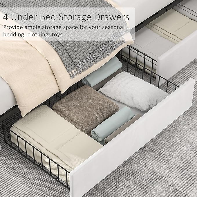 VECELO Queen Size Upholstered Platform Bed Frame with 4 Storage Drawers, Adjustable Velvet Rivets Headboard, Wooden Slats Support, No Box Spring Needed, Easy Assembly