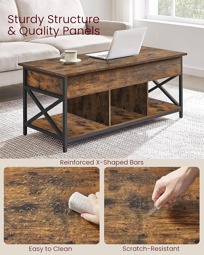 VASAGLE Lift Top Coffee Table, Lift Coffee Table with Storage Shelf, Hidden Compartments and Lifting Top, for Living Room, Office, 19.7 x 47.2 x (19.3-24.4) Inches, Rustic Brown and Black ULCT212B01