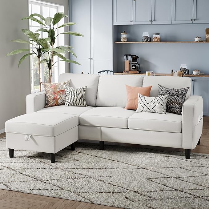 Sectional Sofa Couches for Living Room - Beige 3 Seat L-Shaped Couch with Storage Ottoman, Comfy Linen Convertible Sectionals Sofas with Chaise for Apartment, Office, Small Space