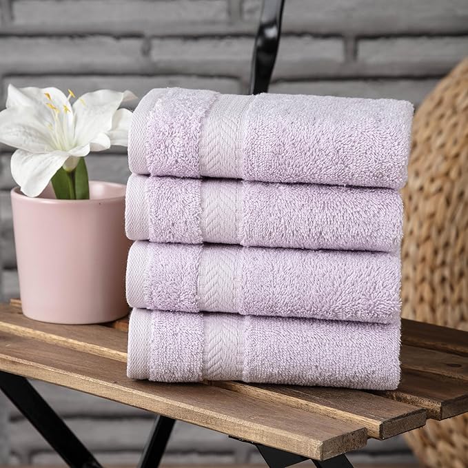 TEXTILOM 100% Turkish Cotton 4 Piece Luxury Washcloth Towel Set for Bathroom, Super Soft & Highly Absorbent & Quick Dry for Face and Hand- Lilac