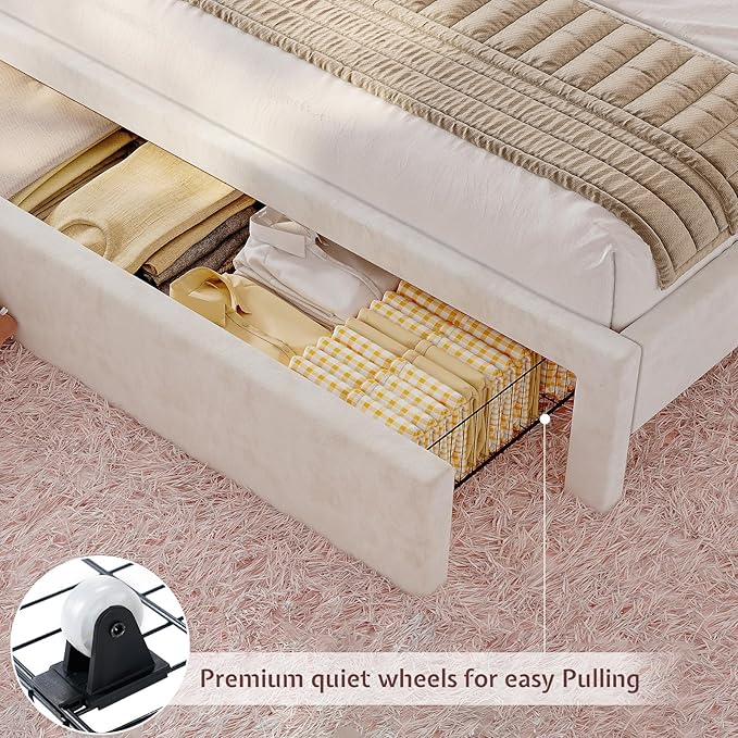 Jocisland Twin Bed Frame with 51" Tall & Thick Adjustable Headboard, Storage Drawer, RGB LED Lights, No Box Spring Needed, Velvet Upholstered, Cream