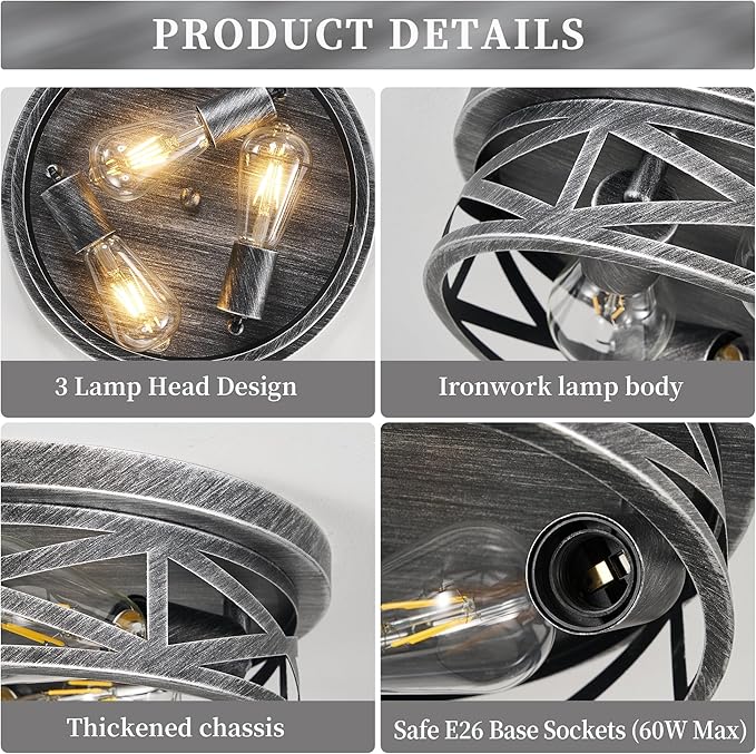 Close to Ceiling Light Fixtures, 3-Lights Cage Flush Mount Ceiling Light, Black and Silver Farmhouse Metal Semi Flush Mount Ceiling Light for House Hallway Kitchen Bedroom, 2 Pack
