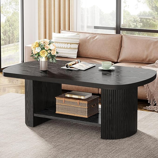 Tribesigns Oval Coffee Table, Mid-Century 2-Tier Coffee Table with Storage Shelf, Modern 45.27" Accent Center Table with Wooden Dual Base for Living Room Bedroom Apartment (Black)